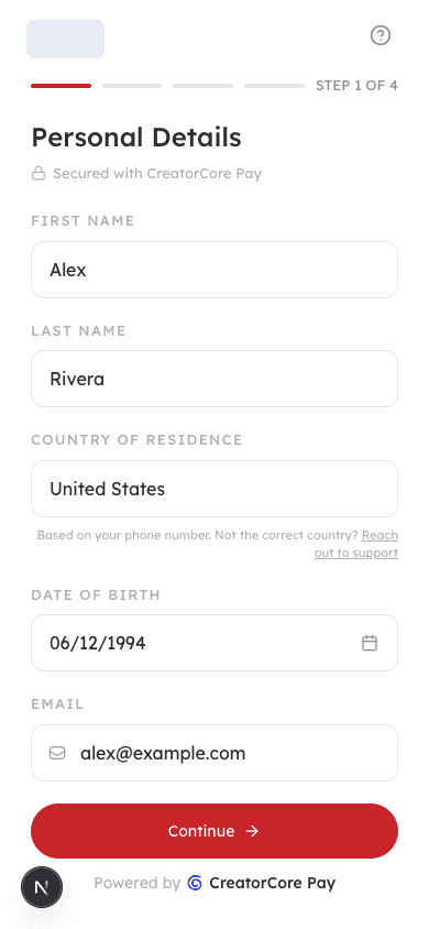 Creator onboarding, step 1: personal details