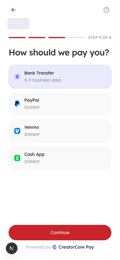Creator onboarding, step 3: choose how to get paid
